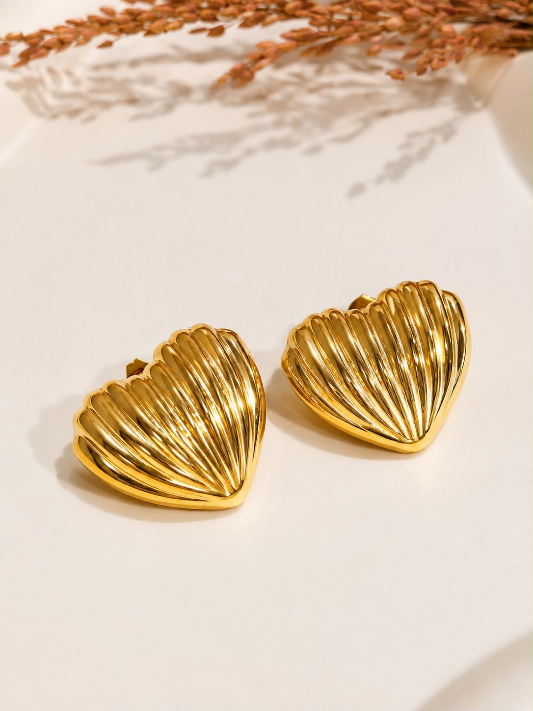 Vintage Ribbed Heart Studs | Waterproof & Tarnish-Resistant