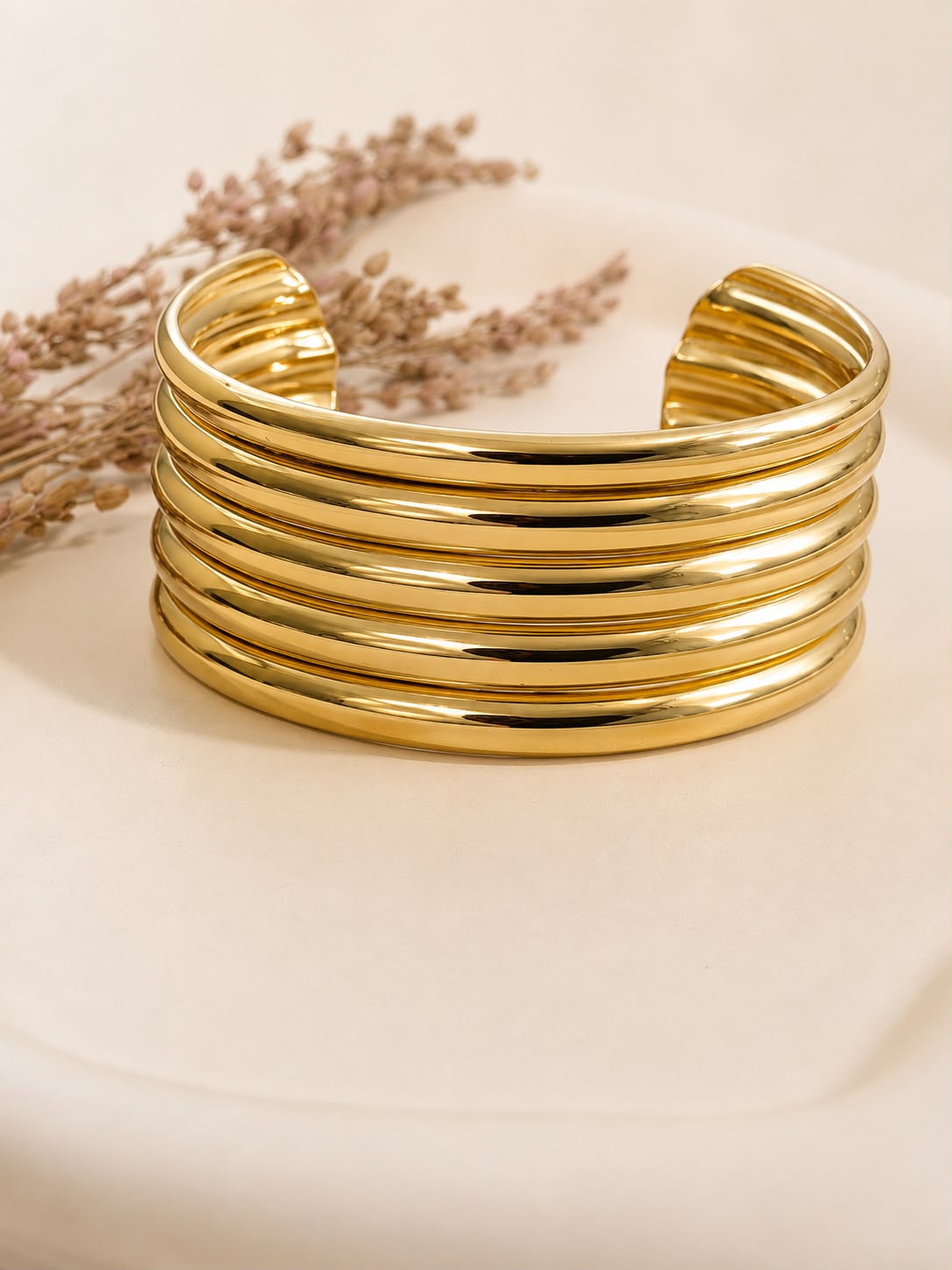 Luxury 18K Gold Plated Ribbed Cuff | 316L Steel Bracelet