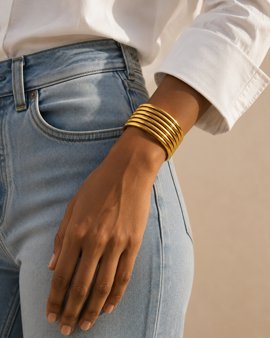 Luxury 18K Gold Plated Ribbed Cuff | 316L Steel Bracelet