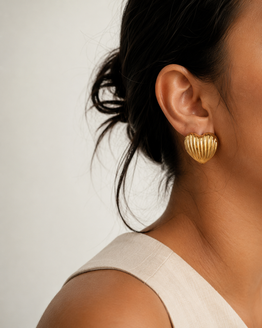 Vintage Ribbed Heart Studs | Waterproof & Tarnish-Resistant