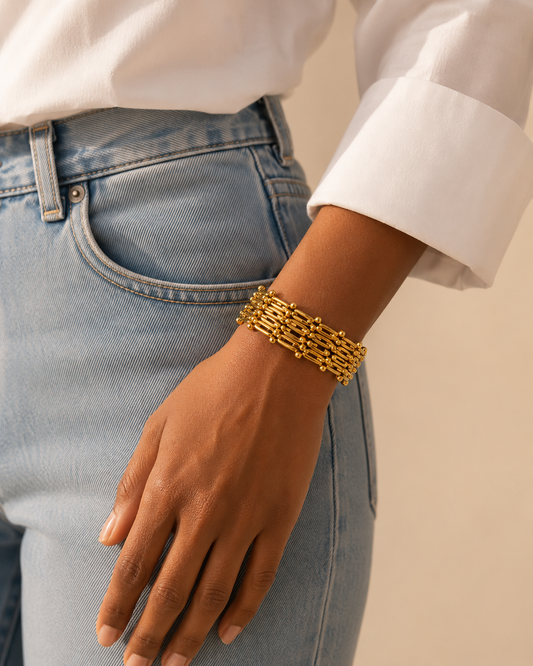 Celeste Woven Gold Cuff Bracelet | 18K Gold Plated | 316L Stainless Steel
